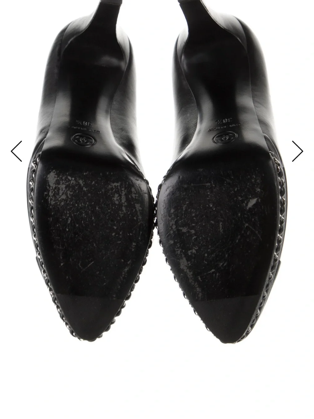 CHANEL Classic Black Leather High Heel Pumps with Chain Trim
